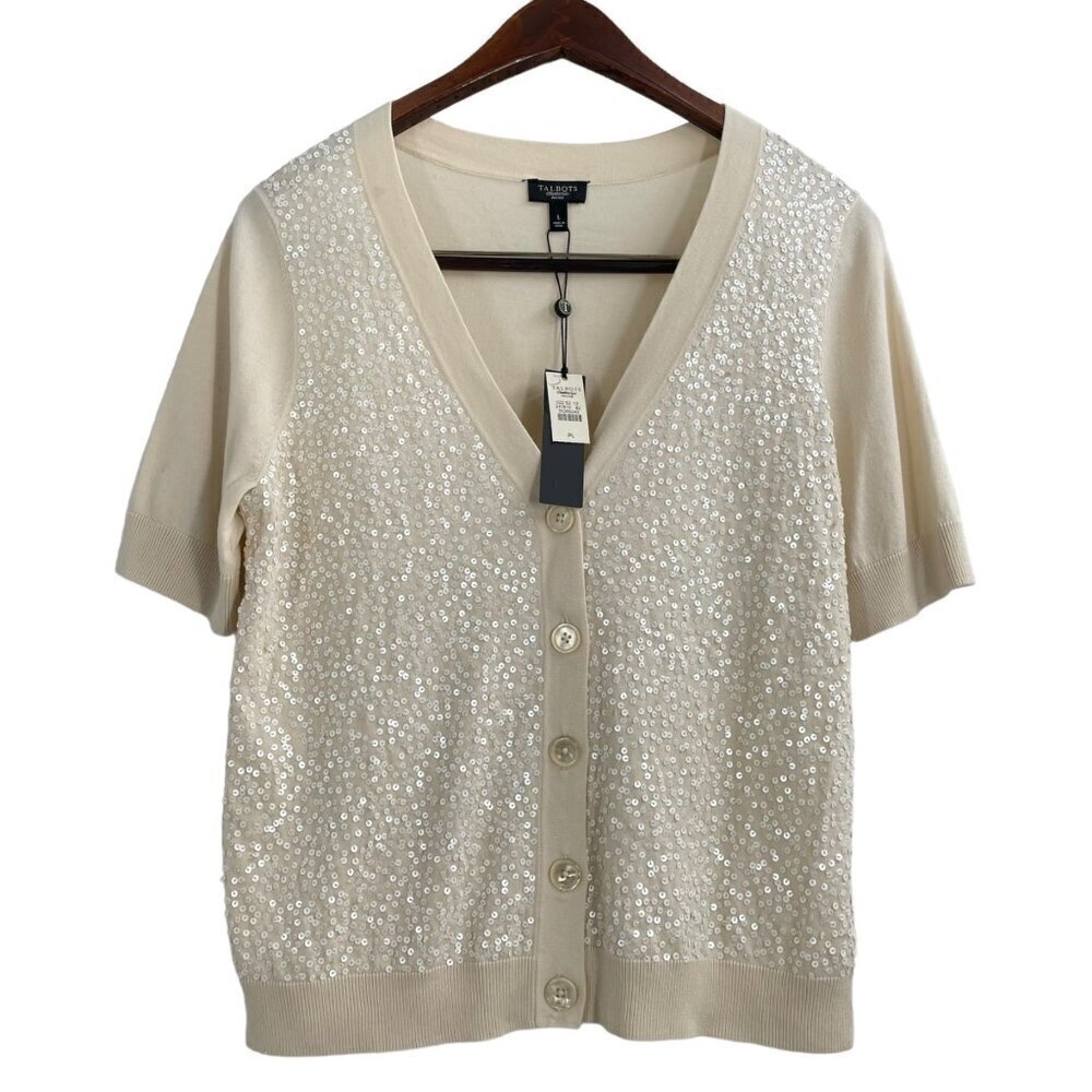 NWT Talbots Cream Sequin Front Short Sleeve Cardigan Womens Size Large Petite